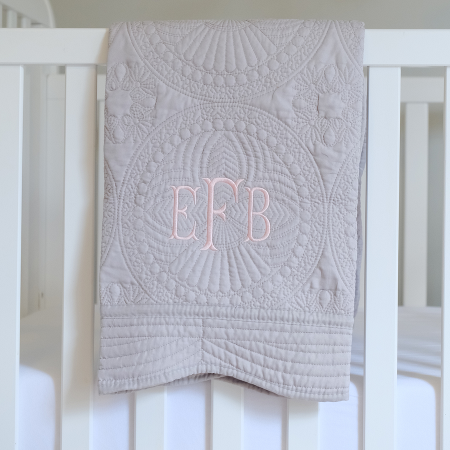 3 Letter Monogrammed Gray Baby Quilt