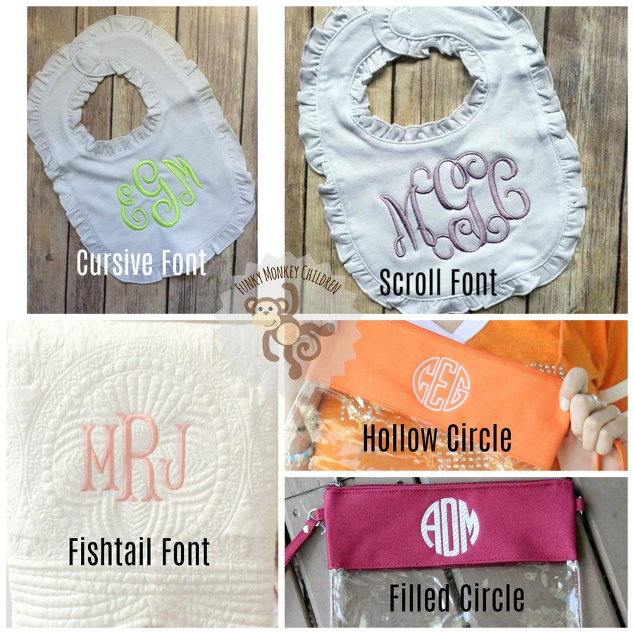 Fonts available for 3 Letter Monogrammed White Baby Quilt