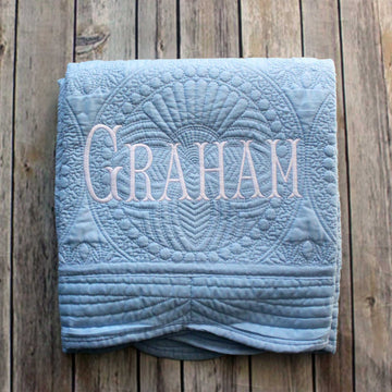 Full-Name-Monogrammed-Blue-Baby-Quilt-with-White-full-name-letters