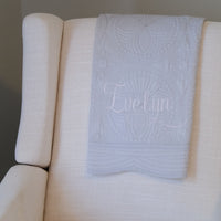 Full Name Monogrammed Gray Baby Quilt with pink letters - display