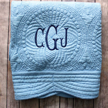 3 Letter Monogrammed Blue Baby Quilt with Navy Monogram Color CGJ