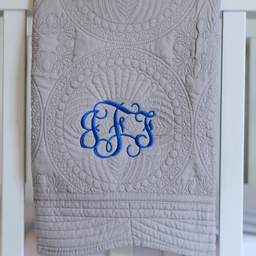 3 Letter Monogrammed Gray Baby Quilt with Royal Blue letters JFF