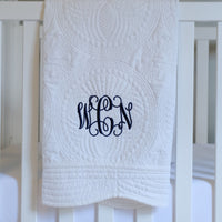 3 Letter Monogrammed White Baby Quilt with Navy Letters WCN