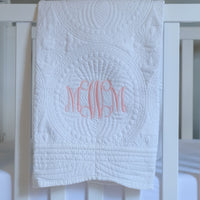 3 Letter Monogrammed White Baby Quilt with Pink Font Letters MWM
