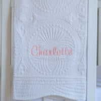 Full Name Monogrammed White Baby Quilt with Pink Font Letters in name Charlotte