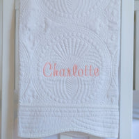 Full Name Monogrammed White Baby Quilt with name Charlotte - closeup