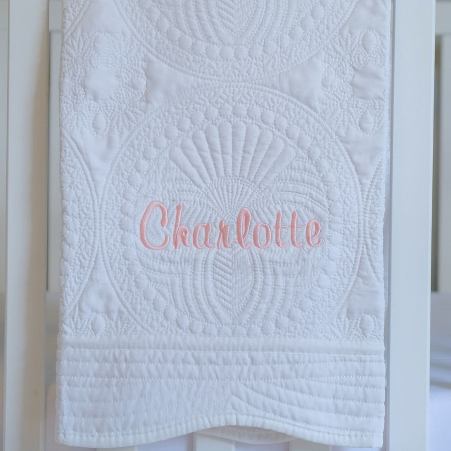Full Name Monogrammed White Baby Quilt with Pink Font Letters in name Charlotte