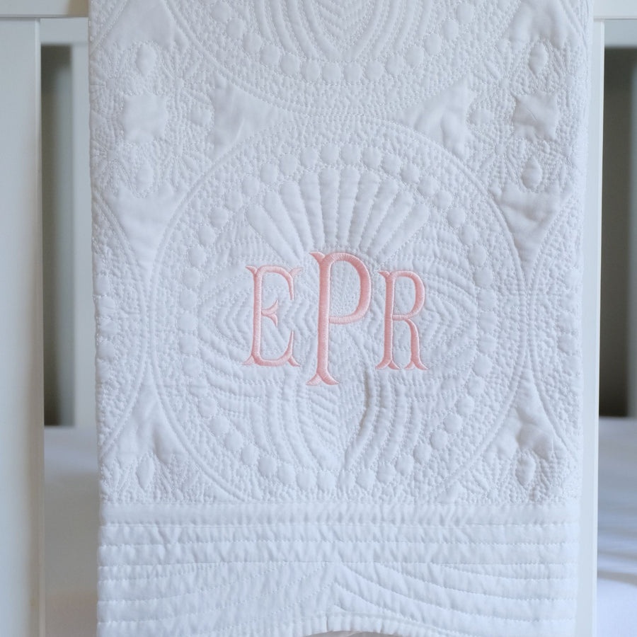 3 Letter Monogrammed White Baby Quilt with Pink Font Letters EPR